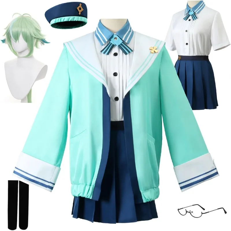 

Game Genshin Impact Cosplay Sucrose Costume White Shirt Green Coat JK Skirt School Uniform Wig Full Set for Women Girls