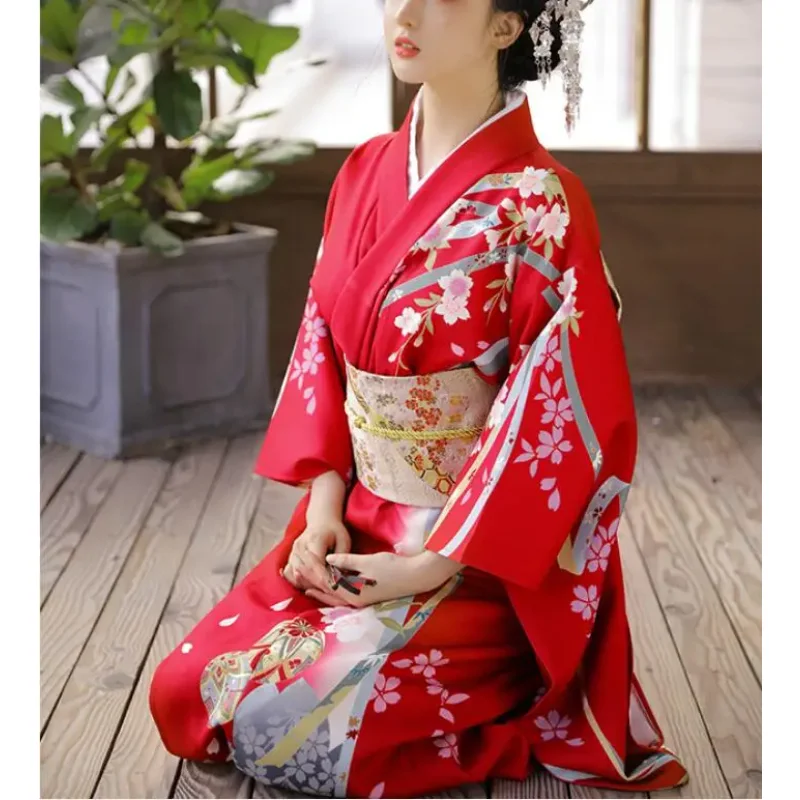 Red Tradition Japanese Kimono Women Spring Dress Print Cherry Blossoms Include Belt