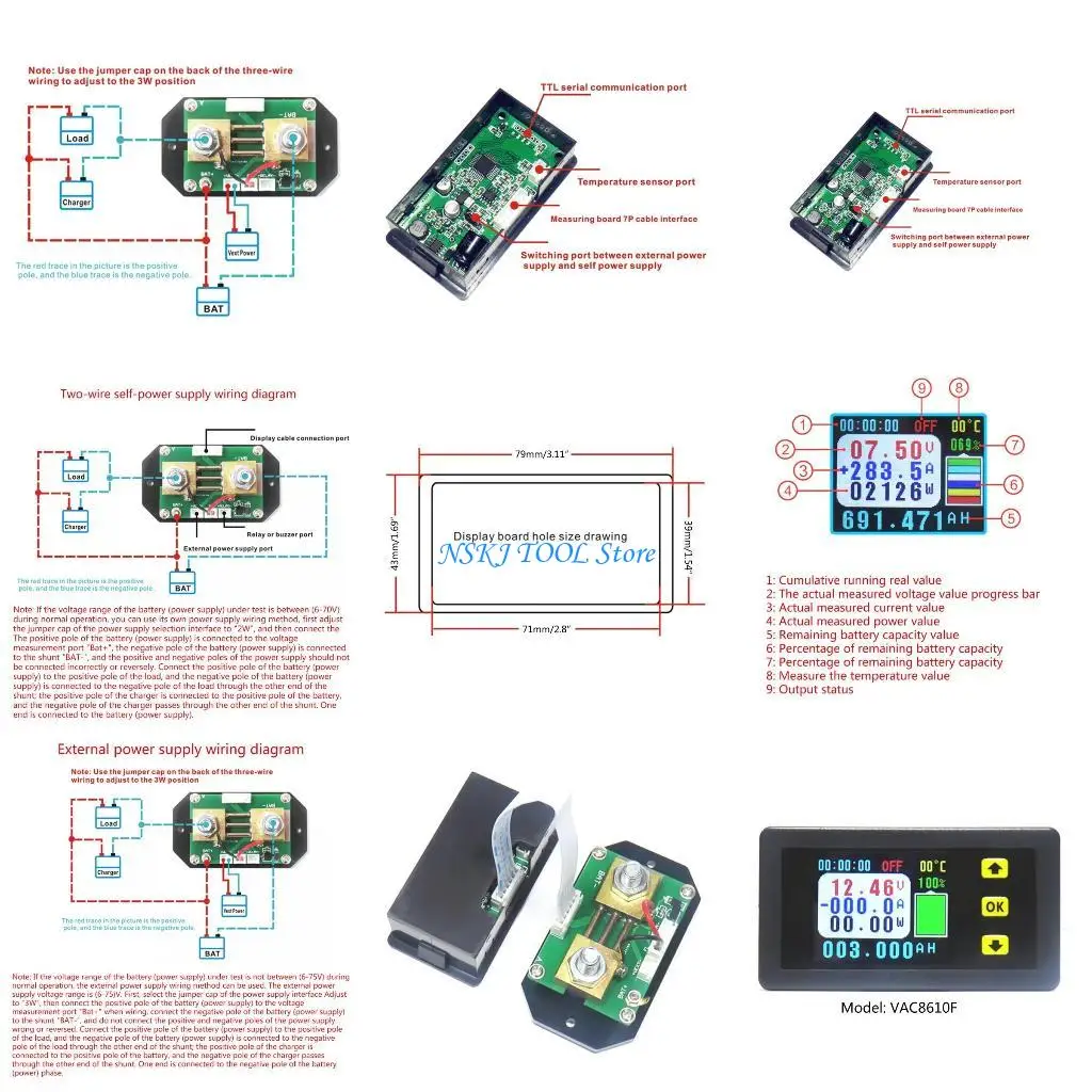 

L8RC Upgraded Battery Management System 1.8-inch Color Screen Ammeter Temperature Coulomb Capacity Power Display
