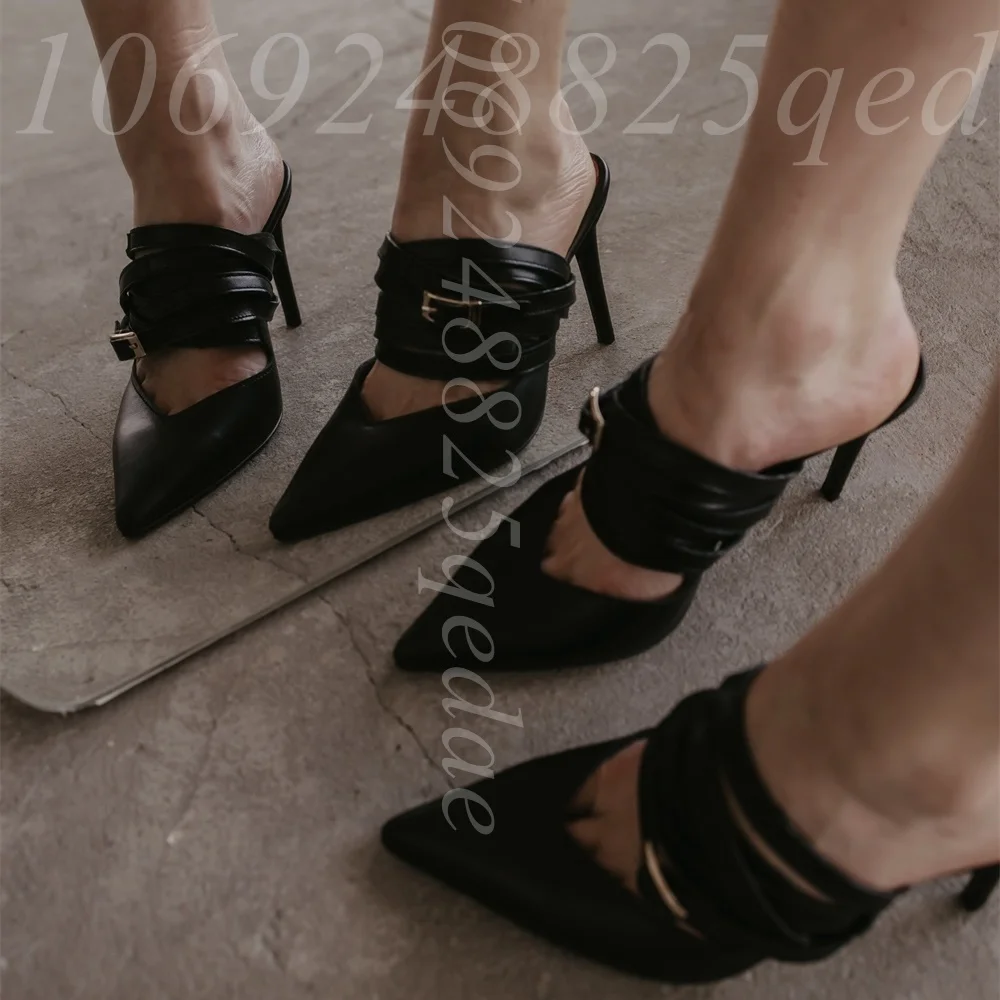 

Women's Black Pointed Toe Slippers Multi Strap Ankle Wrap Silver Buckle, Cutout Detail, Slip-On Stiletto Matte Leather Pumps