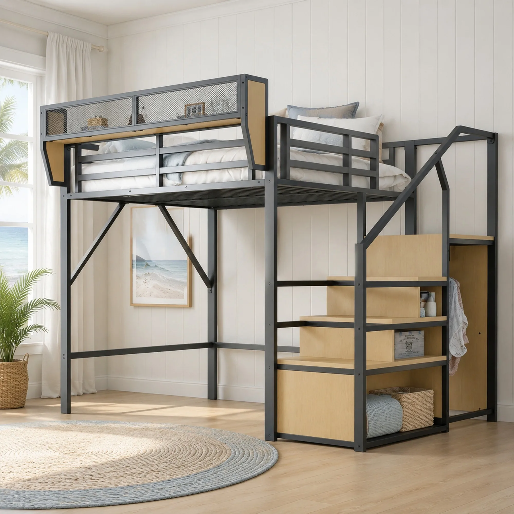 WUVRIE Hoogslaper 140x200 cm met veiligheidsladder, flexibel opbergrek en 140 cm vrije ruimte, zwart