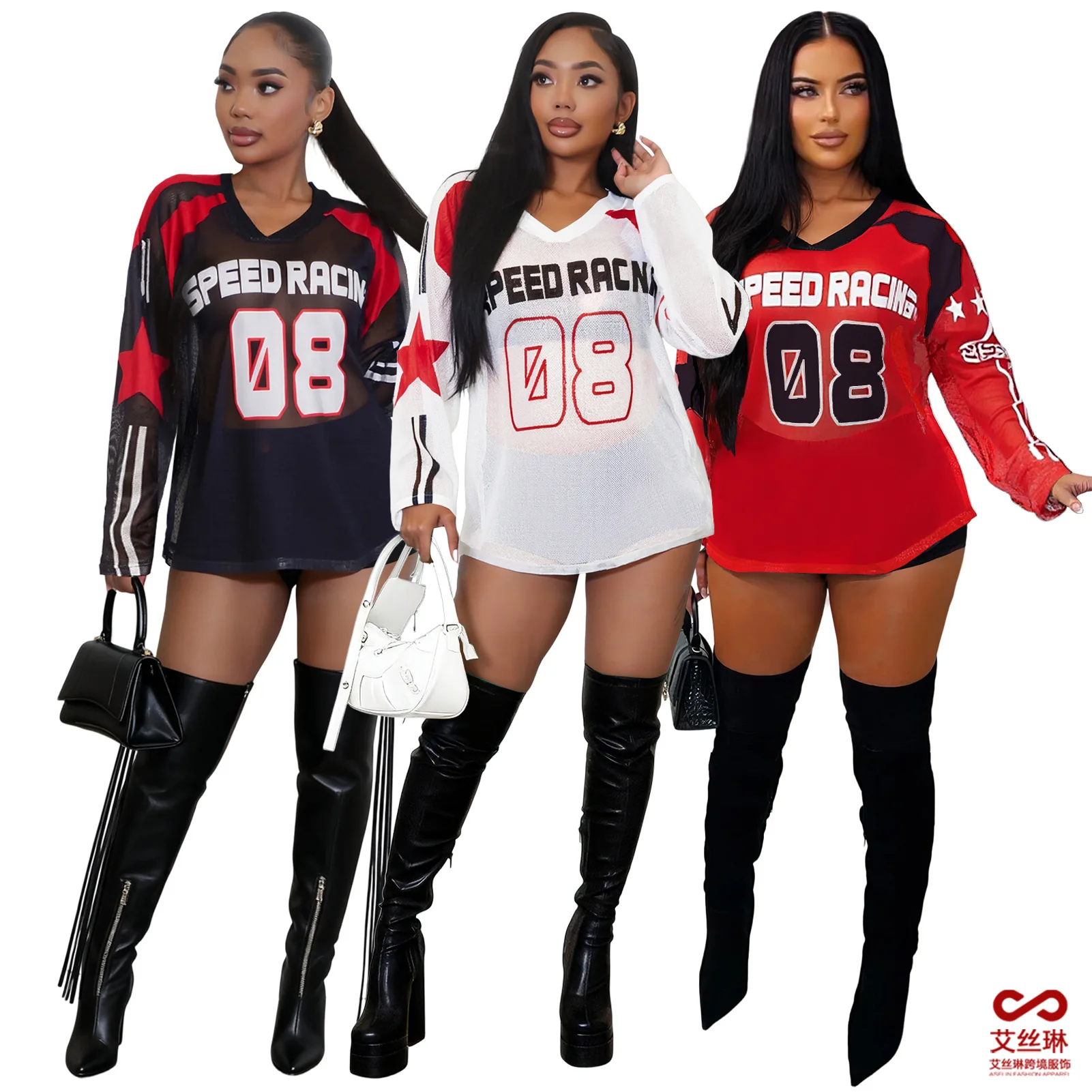 

Racing T Shirt Women Long Sleeve Letter Printed Top 2026 Summer Spring New Popular Streetwear Sexy Mesh Night Club Party Outfits