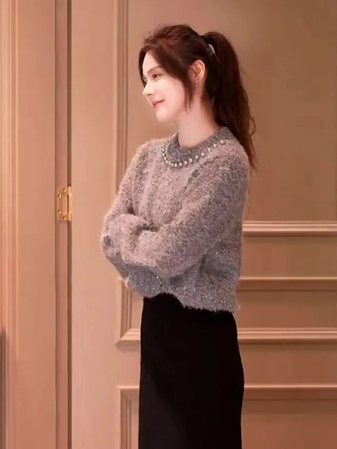 

ay iny Sparkling Lazy Sle Knitted Sweater Women's Faion Design Winter Season Bead Embellied Korean Sle Long Sve