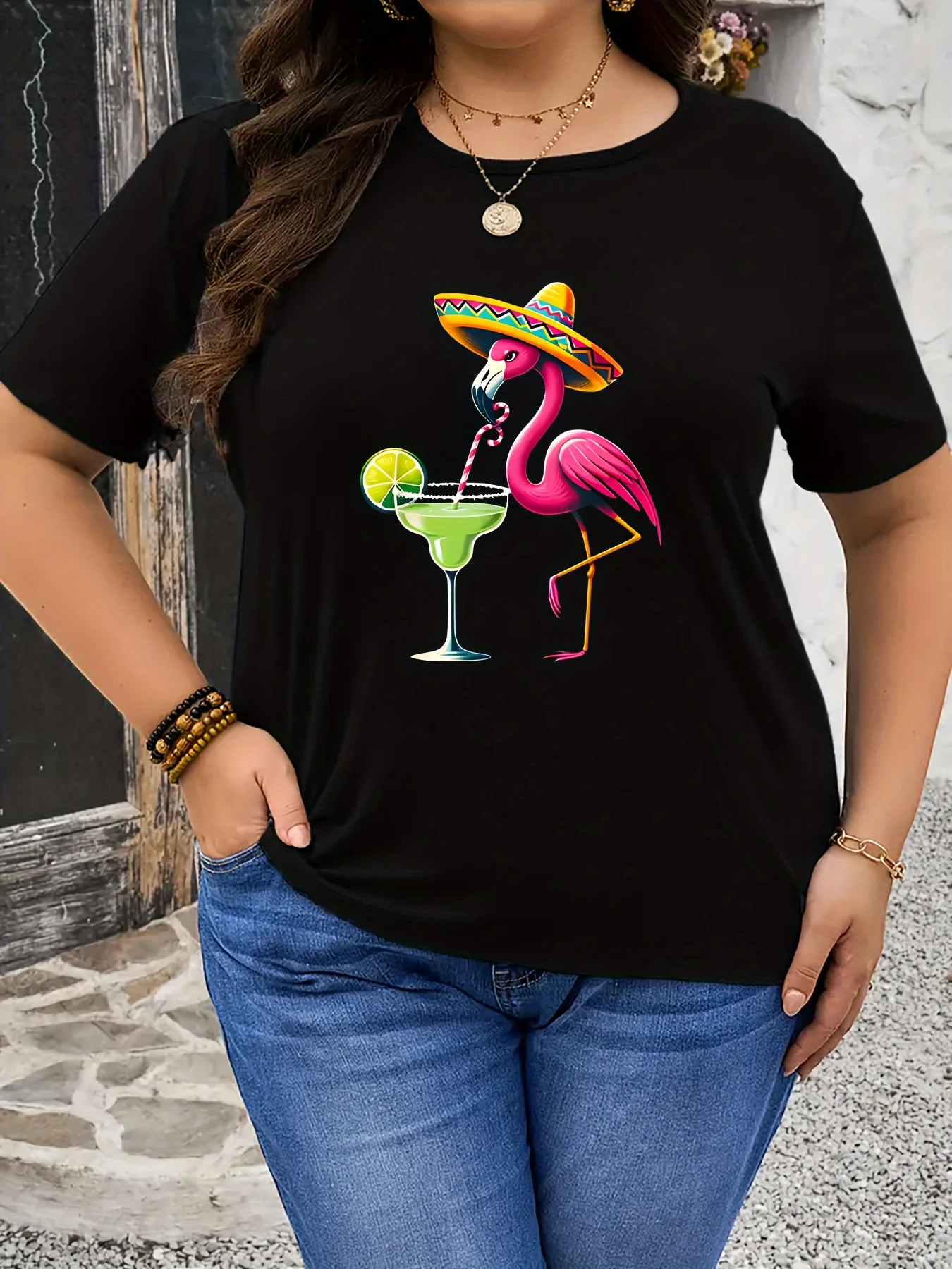 

Plus - Size Women's Black Short - Sleeve T - shirt, Flamingo & Margarita Print, Vacation - Inspired & Fun