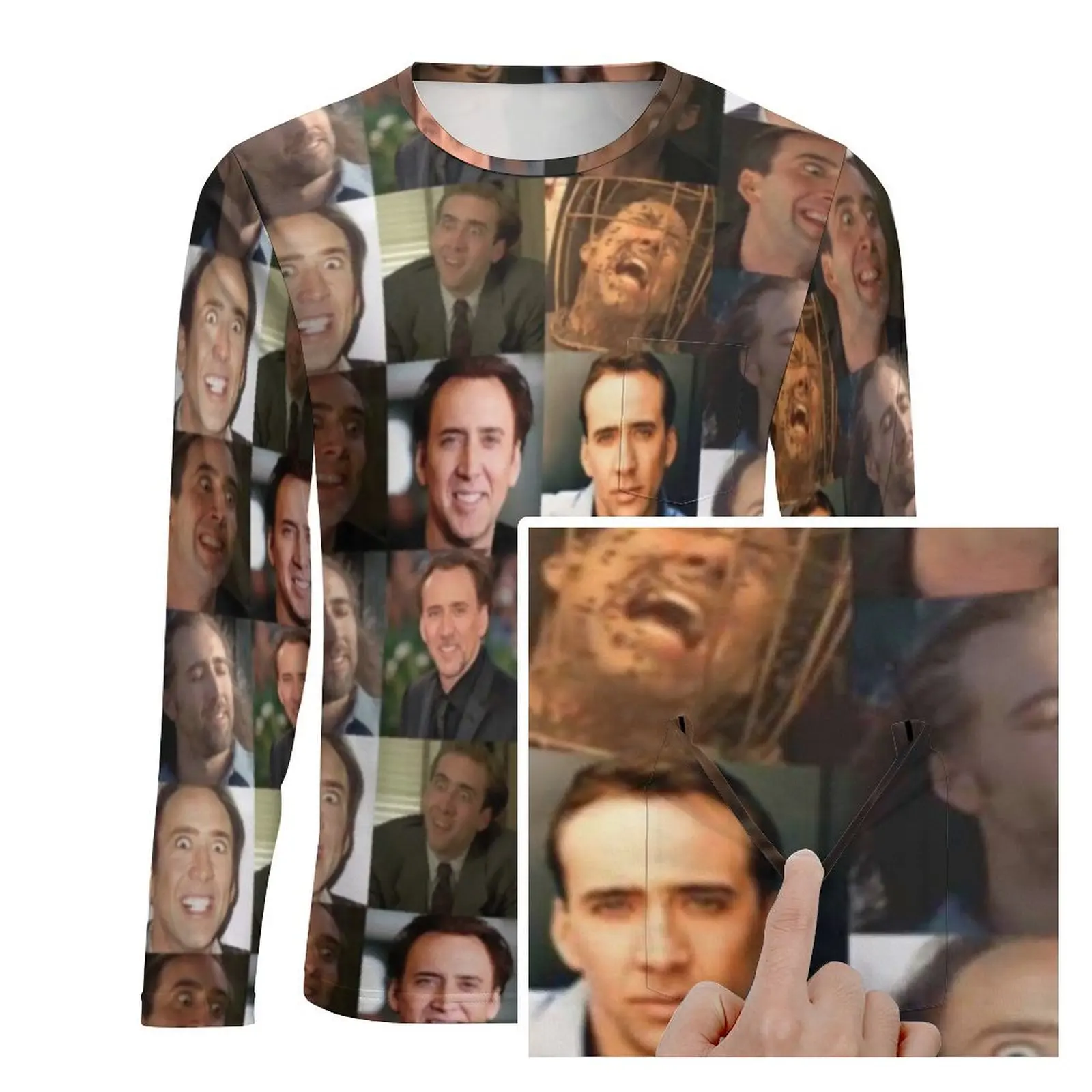 Meme Collage T Shirt With Pocket Nicolas Cage Trending T Shirts Men Aesthetic Tee Shirt Long Sleeve Printed Tees Plus Size