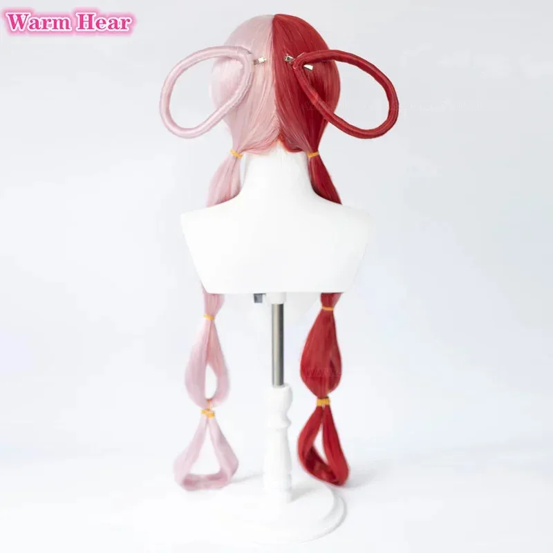 Wig Wanita Pesta Halloween Rambut Sintetis Panjang Merah Muda Merah Cosplay Tahan Panas Alat Peraga Headphone Uta + Topi Wig Ir;l5
