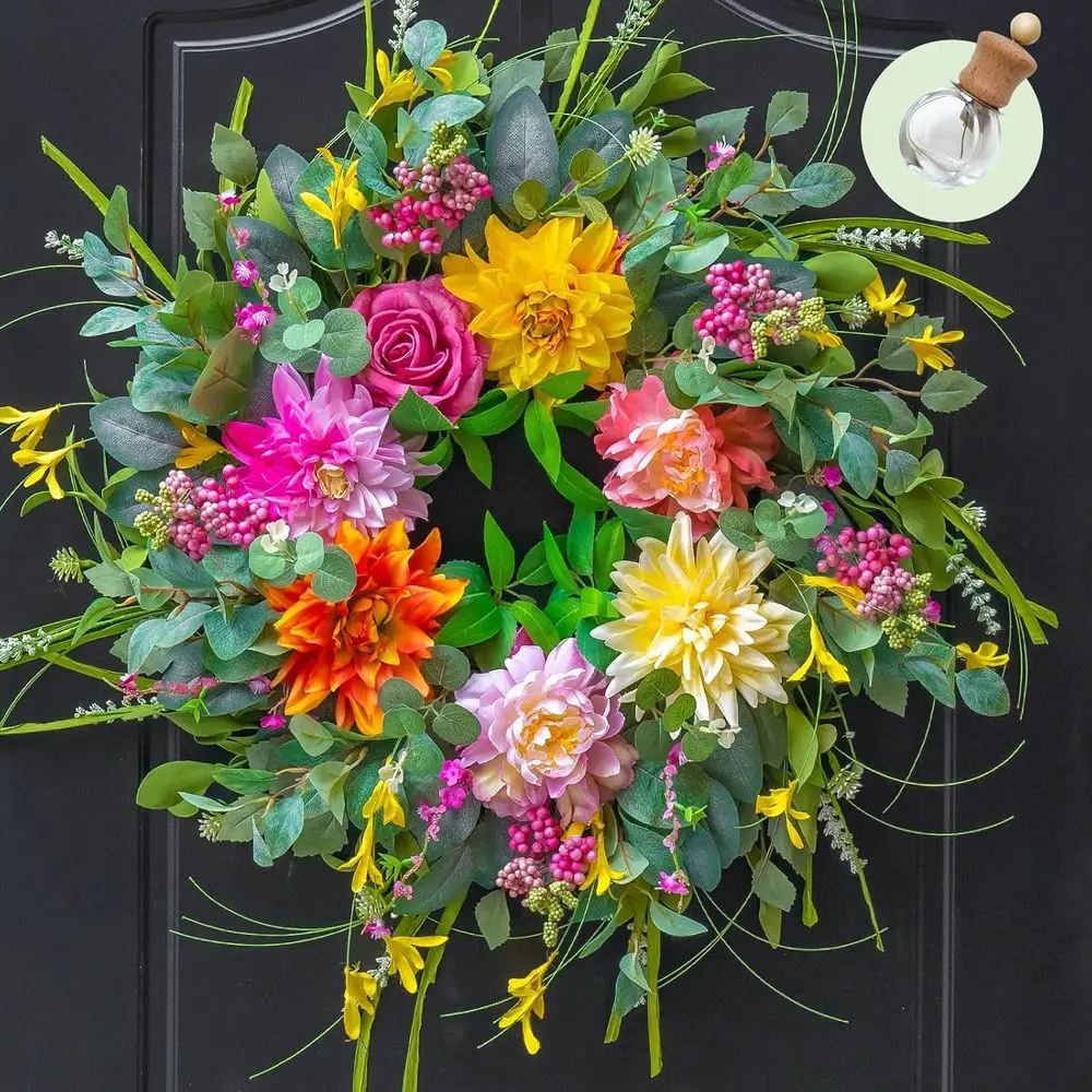 

Spring and Summer Fragrance Bottle Door Wreath with Peony, Dahlia, and Rose for Indoor and Outdoor Home Decor