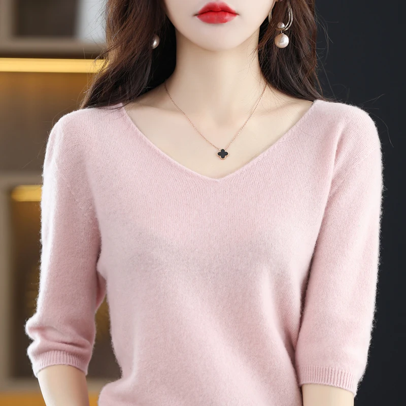 

First-line ready-to-wear cashmere sweater female V-neck five-point sleeve knitted sweater bottoming shirt 100% pure sweater