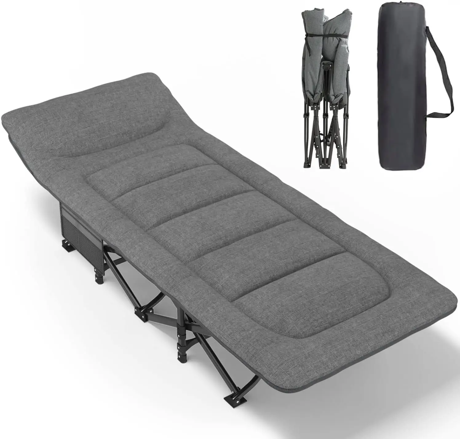 Cuna de camping plegable portátil para adultos con cojín, almohada y bolsa de transporte: soporta 450 libras, gris ligero