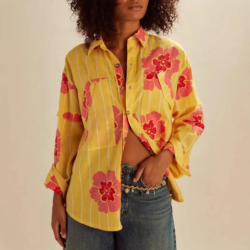 

Осень-зима, женские рубашки с длинным рукавом и принтом, женские однобортные топы с отложным воротником, женские повседневные свободные шикарные блузки