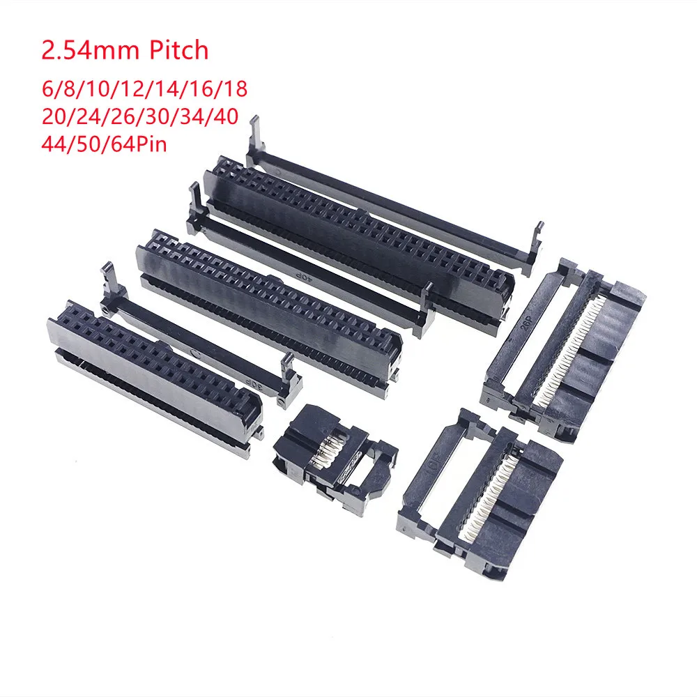 100 Pcs IDC Socket 2.54 MM Pitch 6 8 10 12 14 16 18 20 24 26 30 34 40 44 50 60 64 Pin Female 1.27MM Ribbon Cable Connector Crimp