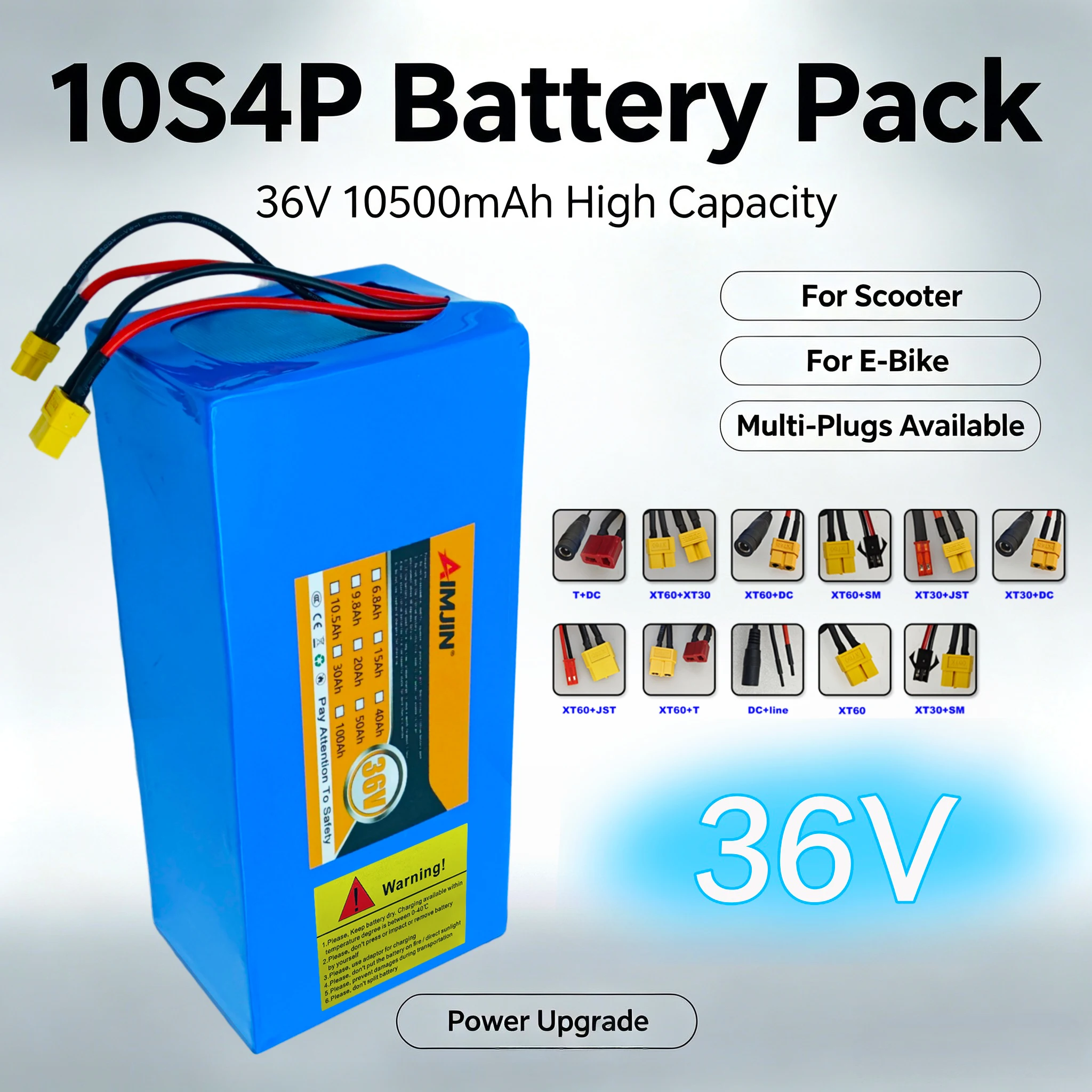 AIMJIN 36V 10S4P 10S4P Lithium Battery Pack 10.5AH 1500W 18650 Li-ion for Electric Scooter E-bike