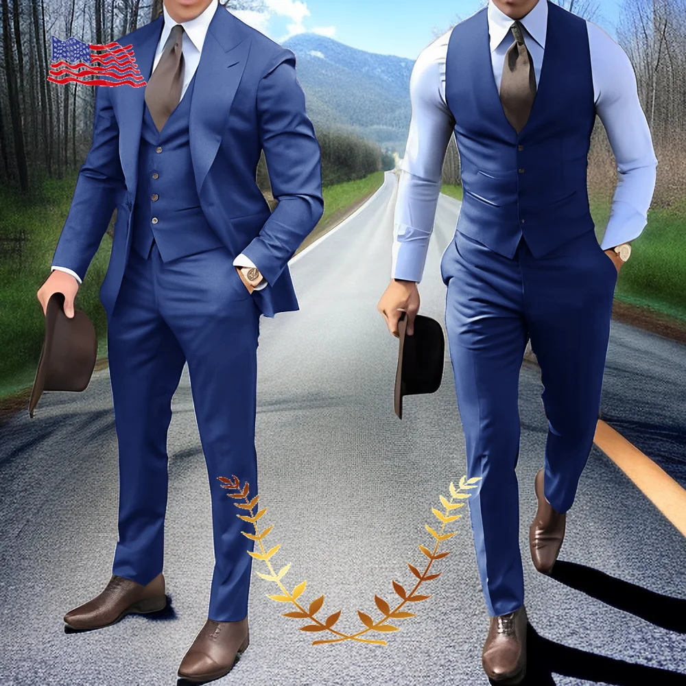 Terno de três peças masculino, smoking slim fit, smoking noivo, jaqueta bonito, calça, colete, jaqueta, azul royal, casamento, roupa completa