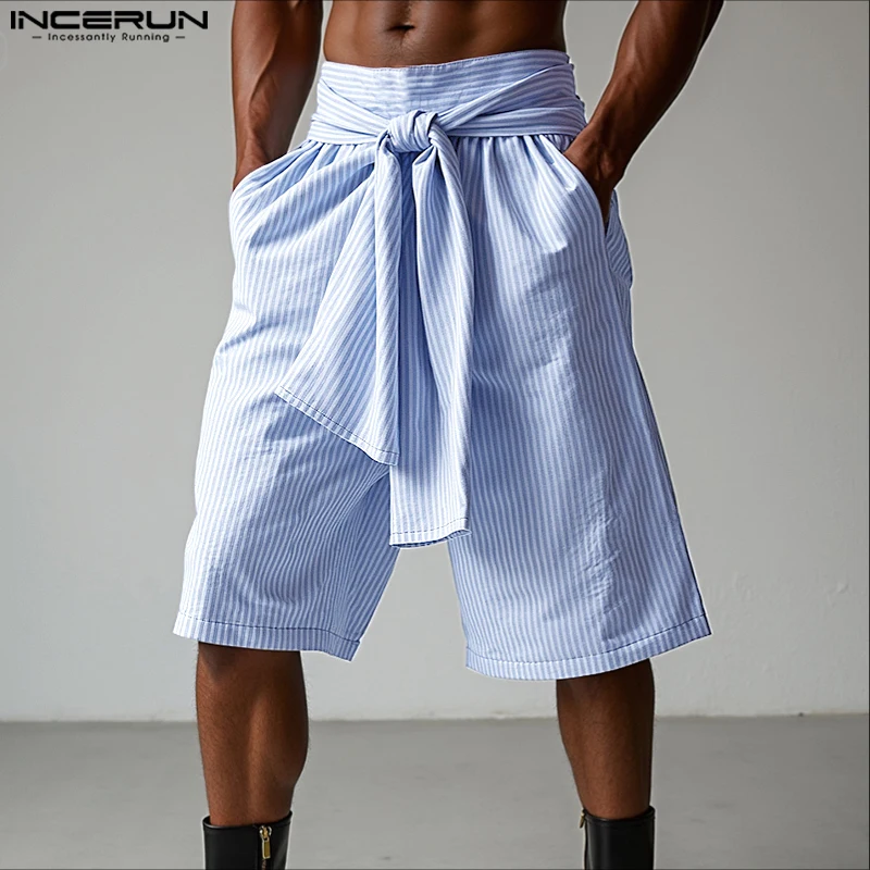 

Шорты в полоску, повседневные мужские шорты INCERUN, модные короткие брюки, брюки, уличная одежда, шорты с поясом на шнурке, низ, большие размеры, S-5XL