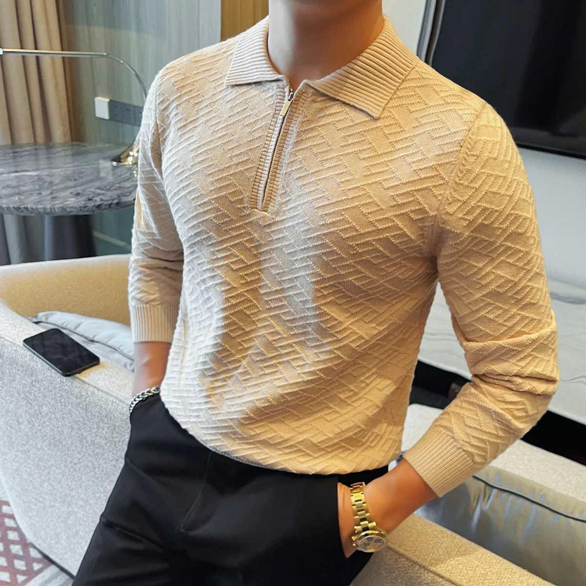 

Осенне-зимний свитер на молнии, мужские вязаные свитера с воротником-поло, облегающие утолщенные повседневные деловые мужские базовые рубашки с длинными рукавами