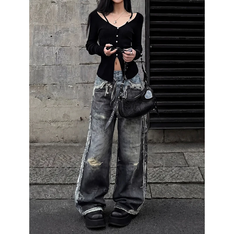 

YIBASHU 2026 Весенние женские джинсы Y2K черные, свободные, в стиле Харадзюку, хип-хоп, винтажные, корейский стиль 2000-х, джинсы-брюки в стиле «труши»