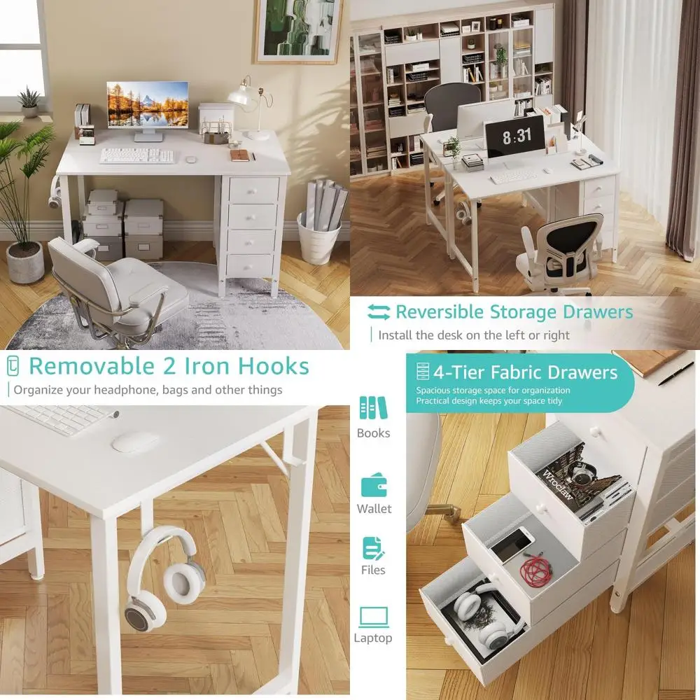 

Compact White Desk with Drawers for Kids, 40 Study Table for Girls, Reversible Desk for Computer, Writing, and Nail Art in Small