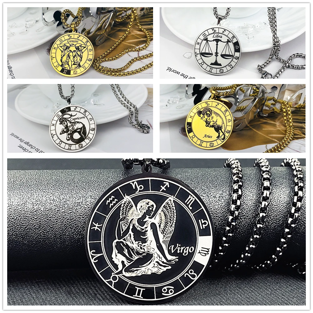 Tangula 12 Constellation Zodiac Signs Necklace Punk Retro High Quality Stainless Steel Chain Horoscope for Men Animals Necklace