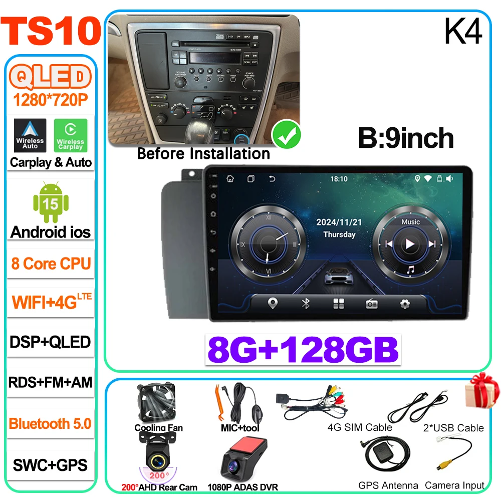 Android 16 voor Volvo XC70 V70 S60 2004 2005 2006 2007 2008 2009 autoradio head unit Carplay Auto multimediaspeler touchscreen