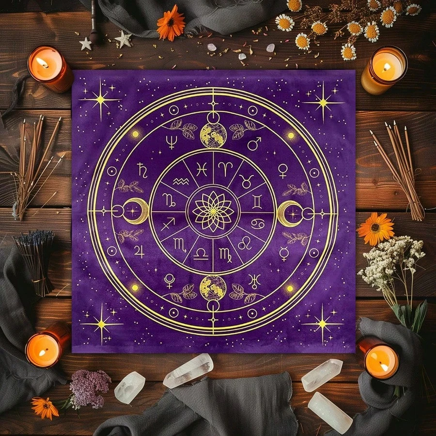 1 ud. Paño de Altar Cuadrado de Constelaciones Místicas del Tarot - Mantel de Estilo Brujería con Diseño de Lectura de Cartas del Tarot, Perfecto para la Espiritualidad