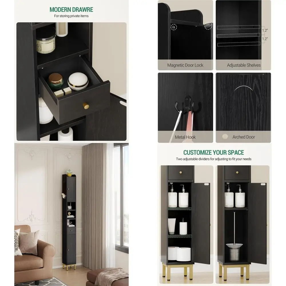 

Bathroom Cabinet with Adjustable Shelves, Freestanding Floor Cabinet, Tall Black Bathroom Storage Cabinet, Narrow Toilet Paper S