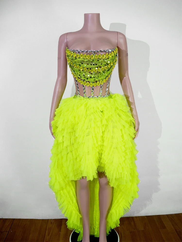 Fluorescent Green Drag Queen Dress Crystal Embellished Bodice High Low Ruffle Tulle Dress Halloween Performance Outfit
