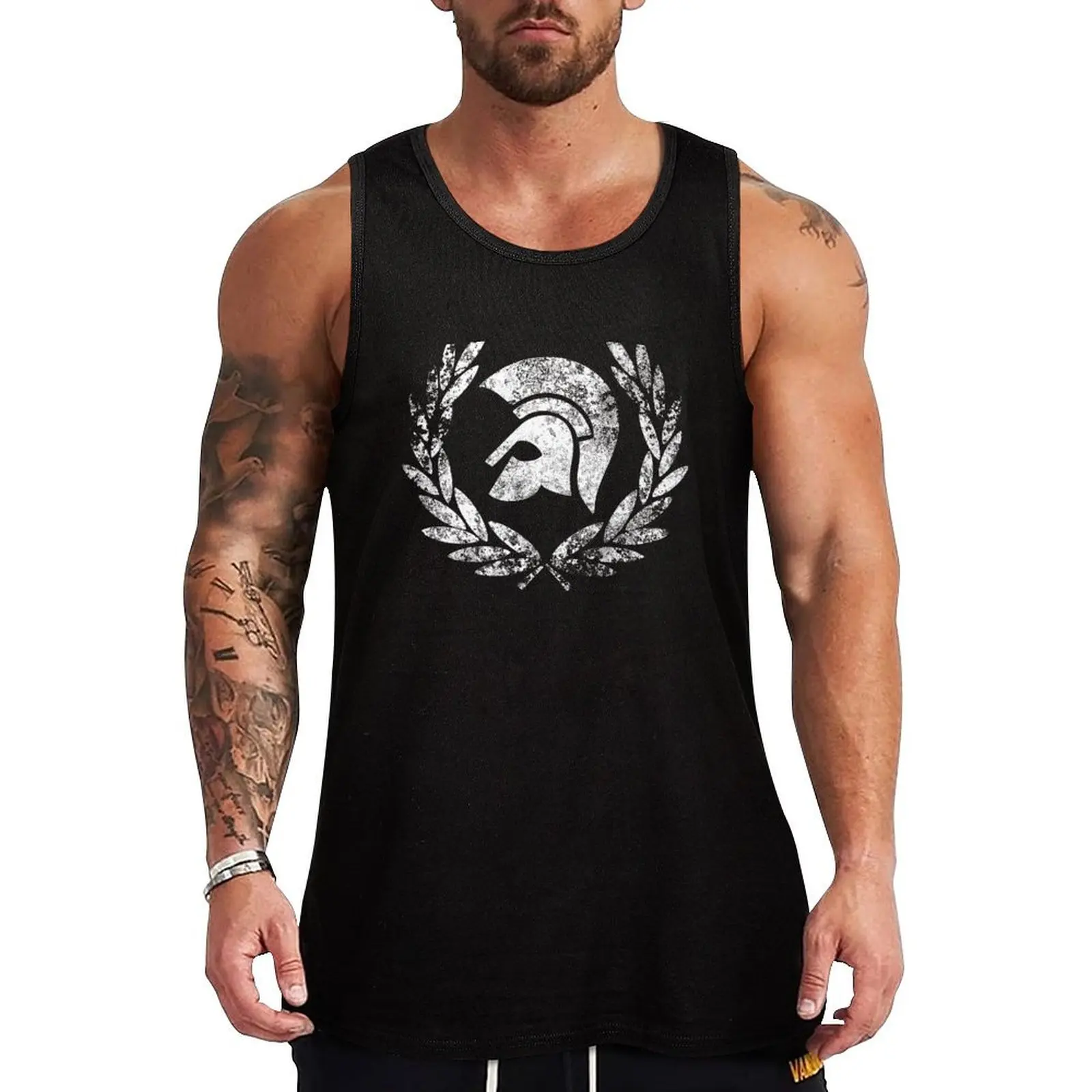 

Trojan Laurel--White-Antiqued Tank Top gym clothes man fitness Men's sleeveless gym shirts anime t-shirts