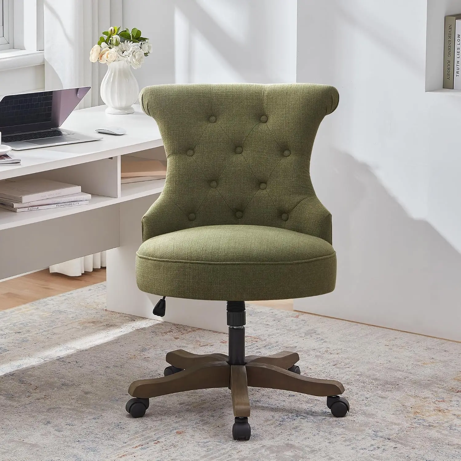 Armless Swivel Desk Chair with Wheels & Adjustable Height, Wooden Legs Linen Computer Chair for Home Office, Green, Customized