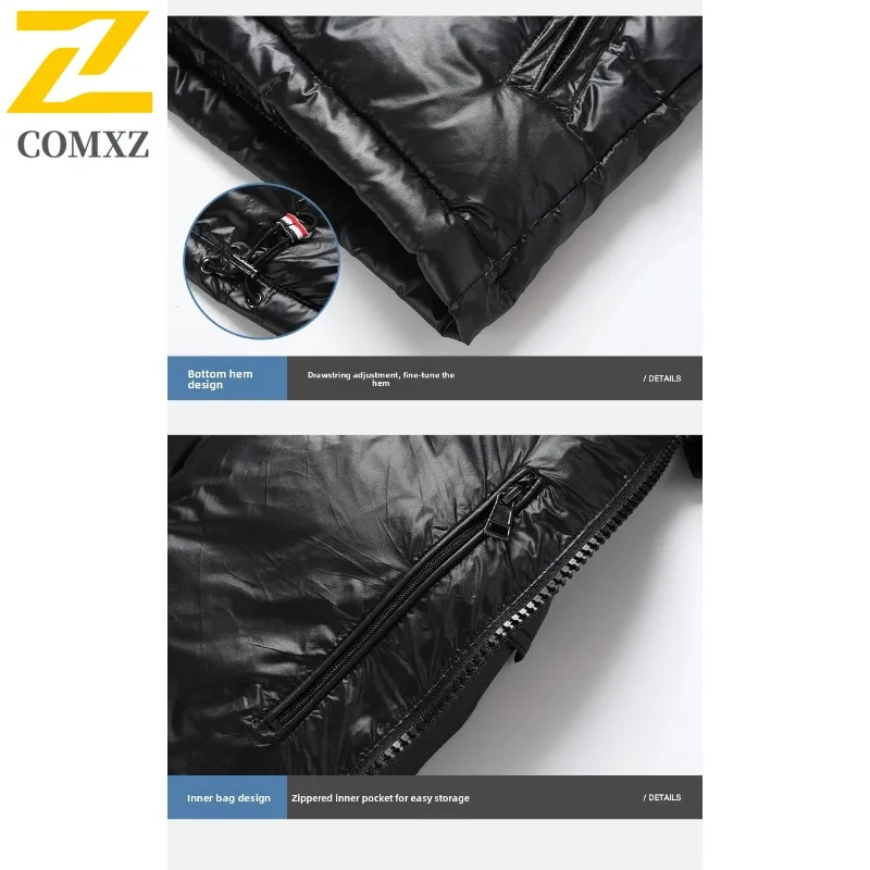 COMXZ 2025 Men Hooded Shiny Down Jacket New Workwear 50% White Duck Down Trendy Loose Warm Winter Outerwear for outdoor Street