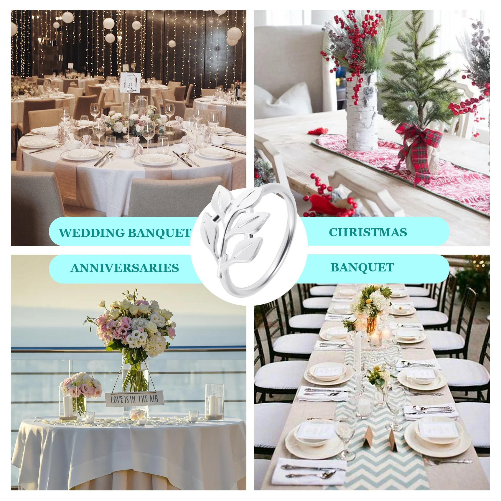 ABCA-8PCS Leaf Napkin Rings Metal Silver Napkin Holder Table Napkin Rings For Dinning Table Parties Everyday