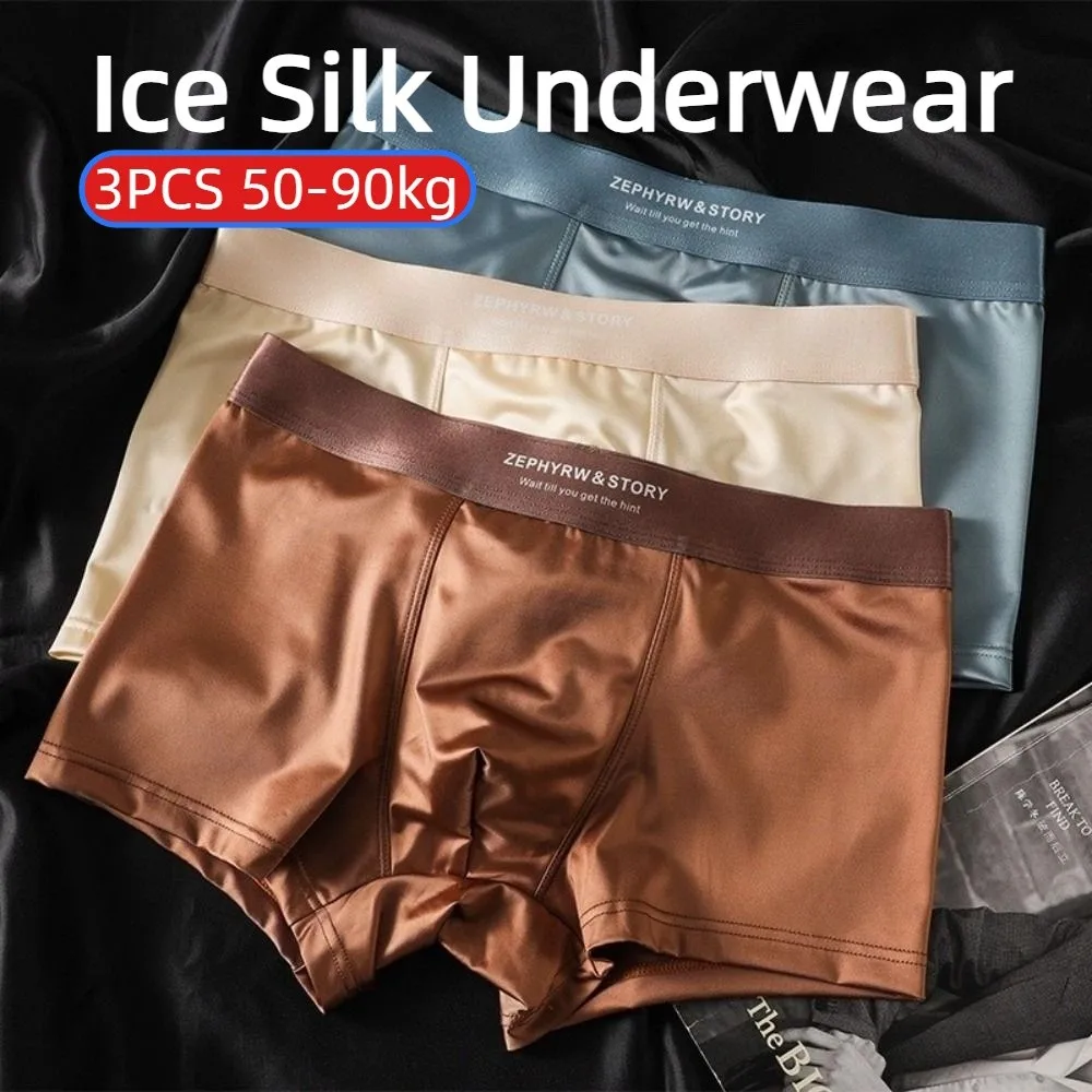 

3Pcs Satin-like Boxers Ice Silk Men's Panties Smooth Cool Underpants Man Boxer Underwear Breathable 3D Crotch