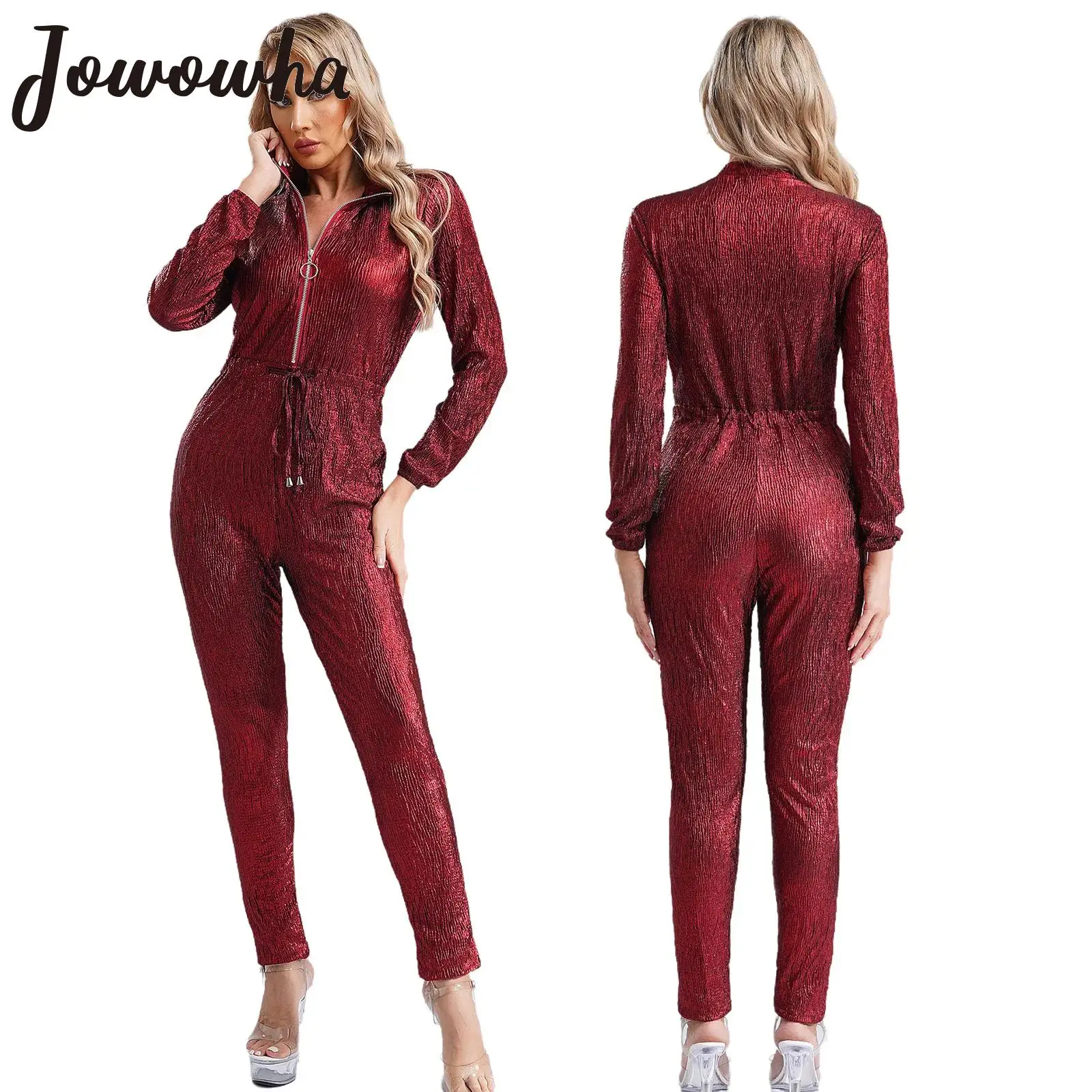 Womens Metallic Shiny Jumpsuit Long Sleeve Front Zipper Drawstring Rompers for Nightclub Music Festival Dancing Party Clubwear