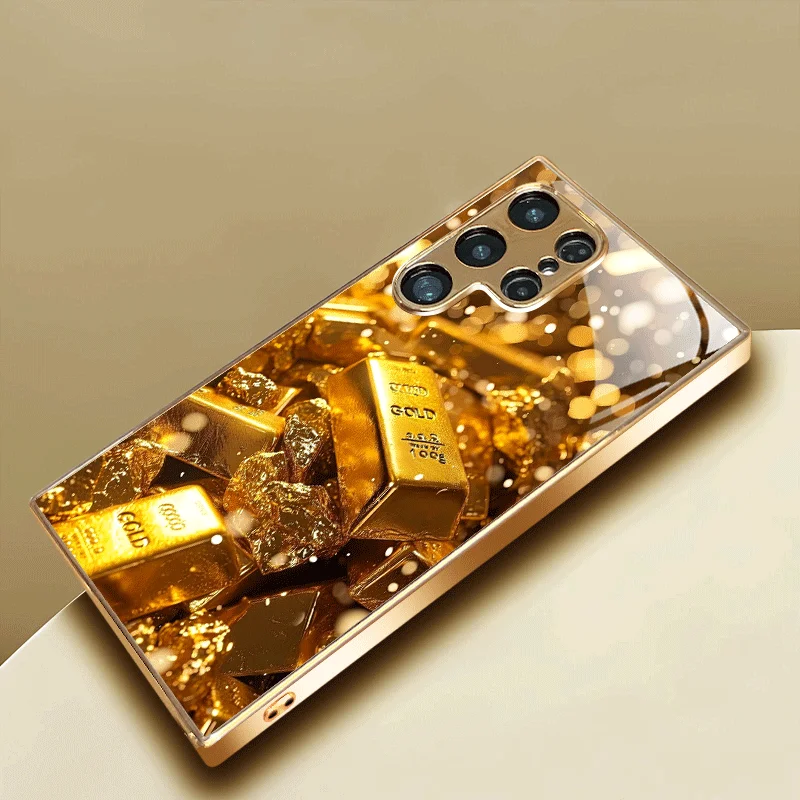 

Gold-plated tempered glass phone case, compatible Galaxy S26 S25 S24 S23 S22 Ultra Plus. A design symbolizes wealth accumulation