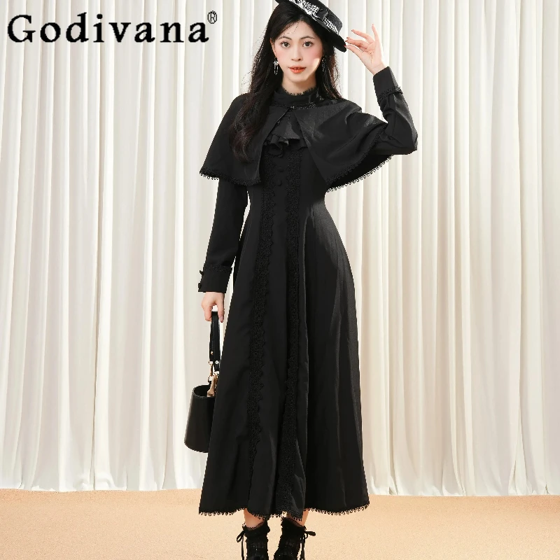 

Черное платье с шалью в готическом стиле для женщин, осеннее новое кружевное лоскутное платье с завязкой на талии, женское длинное платье для похудения