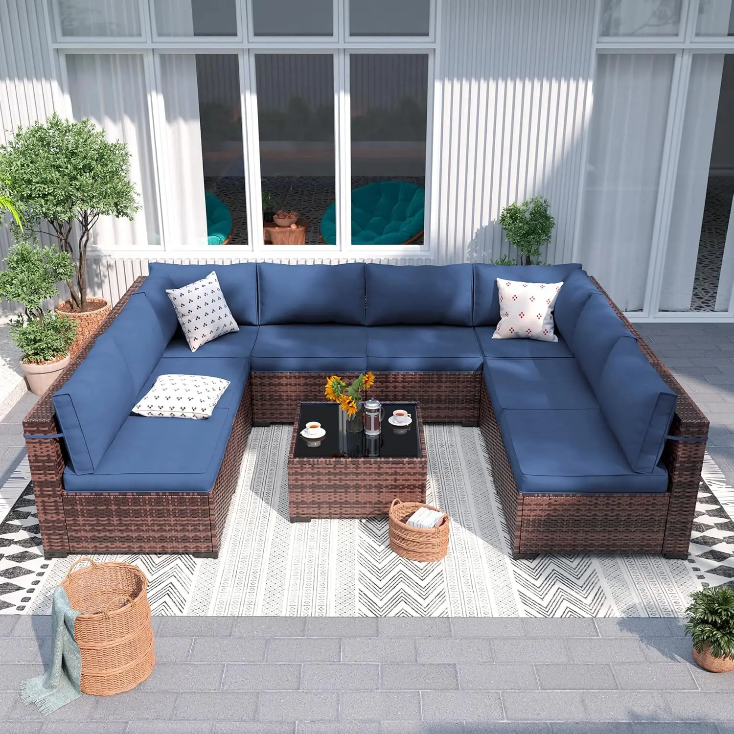 

Patio All Weather Outdoor Sectional Sofa, Modern Wicker Couch with Glass Coffee Table, Thicken Cushions, Waterproof Cover