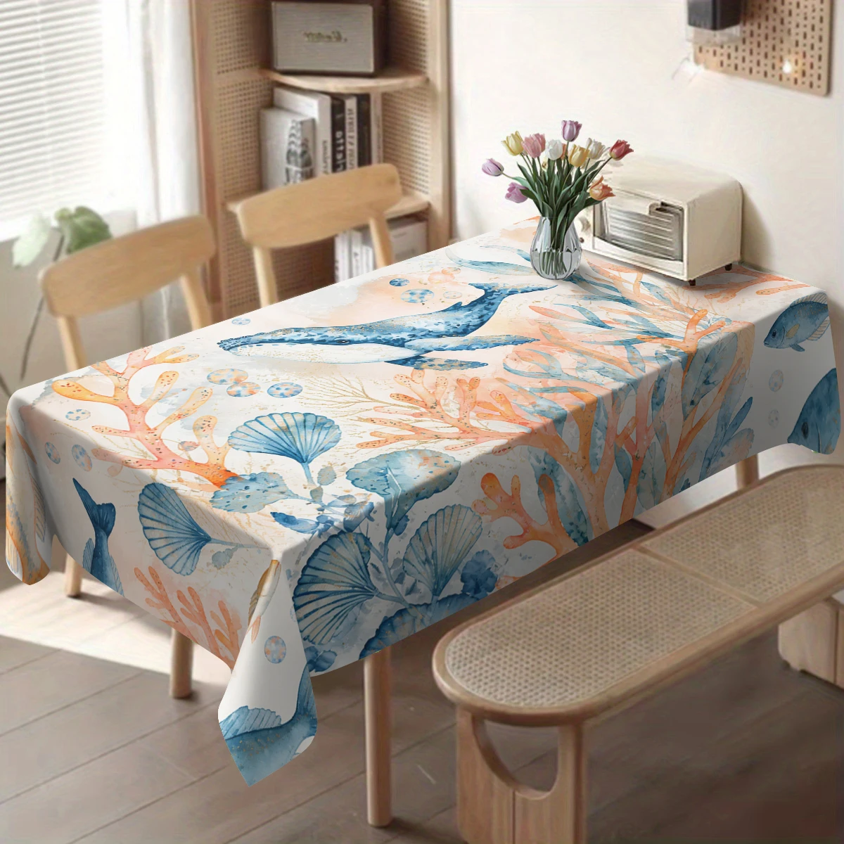 Fresh Food Seafood Print Polyester Tablecloth, Decorative Dining Table Cover, Stylish Household Table Decoration for Daily Use