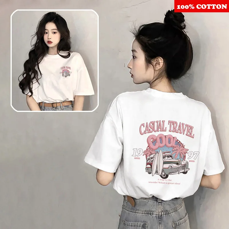 White Pure cotton Short sleeved T-shirt Women Summer 2025 New 100% Cotton Korean Flower Print Loose Tee Y2k Tops Female clothing