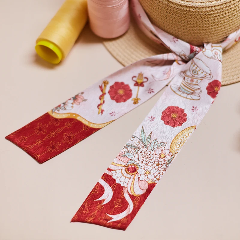 Pink Garden Tea Party Long Silk Scarf Floral Sweet Elegant Headband Bag Handle Strap