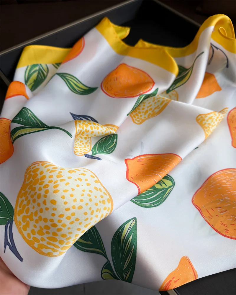Quadratischer Seidenschal mit Zitronenmuster für Damen, luxuriöses, weiches Satin-Halstuch, dünner Halstuch, modischer Sonnenschutz-Kopftuch für Damen, Taschenband – Detail 6