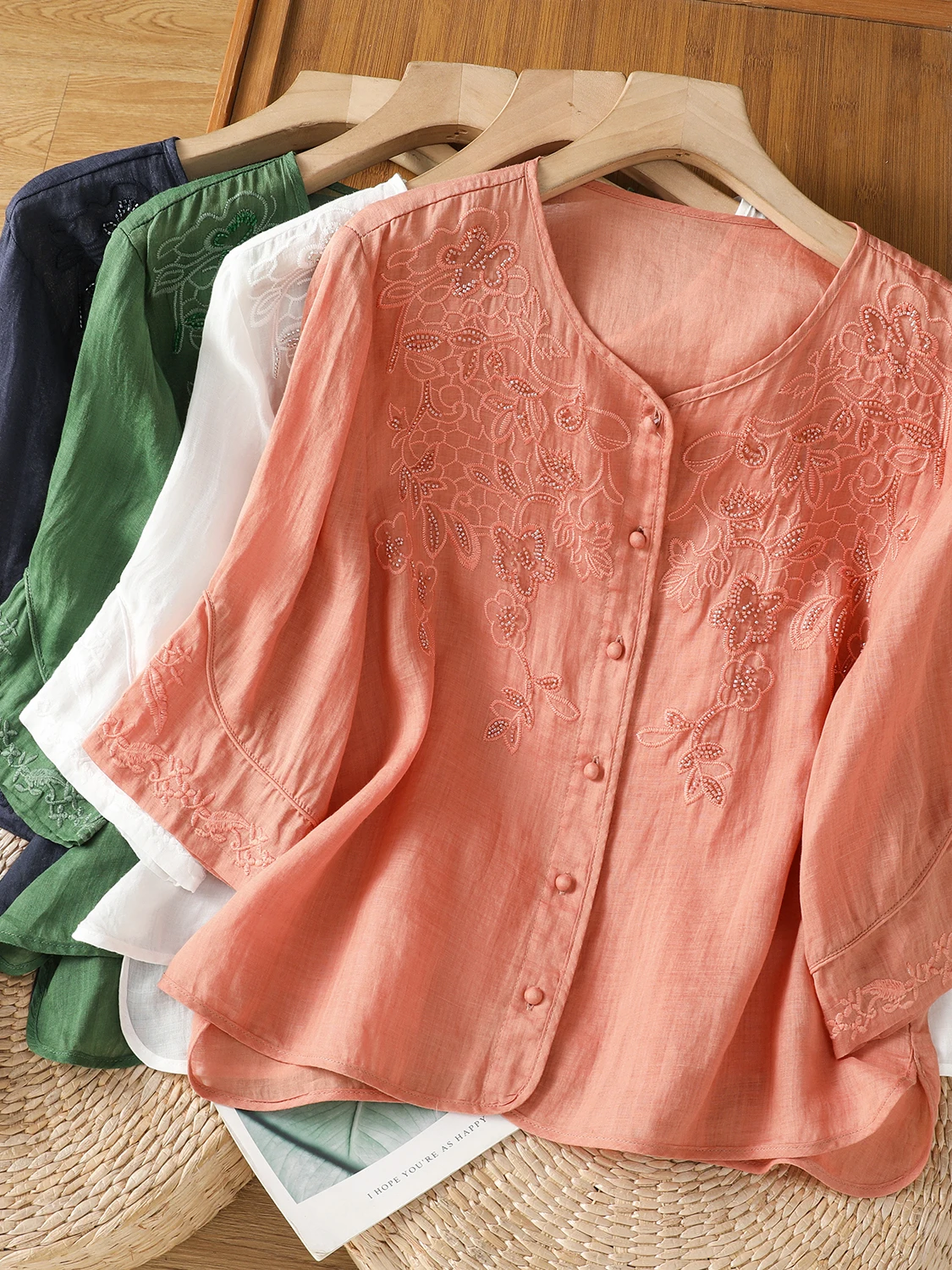 

Summer 2026 New Style Women's plus Size Cotton Linen Embroidered Shirt V-Neck Slim Fit Half Sleeve Single Button Cardigan Top