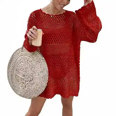 Luźny sweter z dzianiny o okrągłym dekolcie, ażurowy, w stylu streetwear, długi rękaw, damski, letni, modny, luźny krój, odzież dzianinowa.