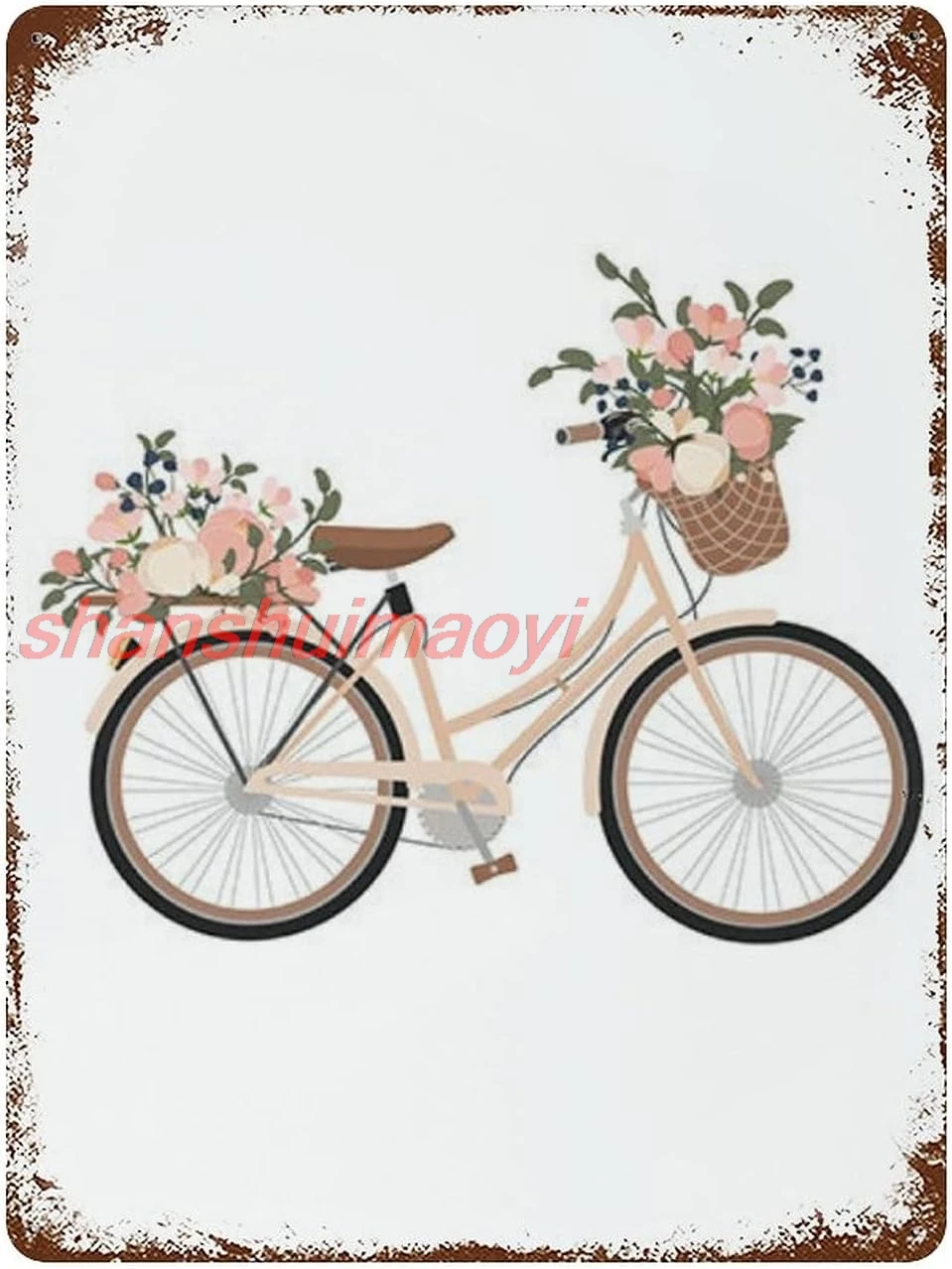Retro Tin Sign Floral Bicycle Print Roll With It Flower Basket Bike Wall Decor Bicycle Wall Art Quote Wall Art Pink Blu sha sign