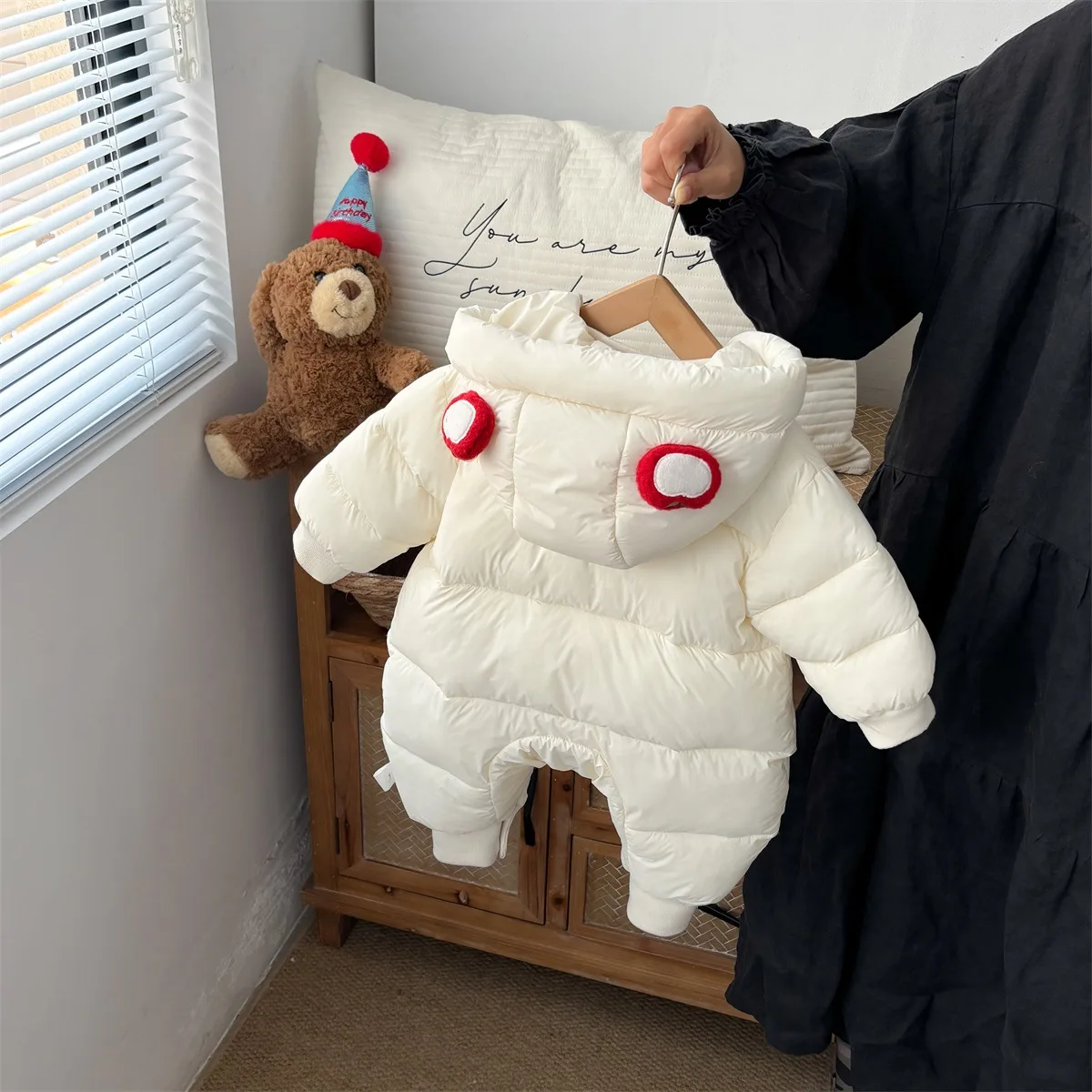 新生児用冬用裏起毛ロンパースセット 韓国風スレ漫画デザイン 高伸縮性 通気性 C...