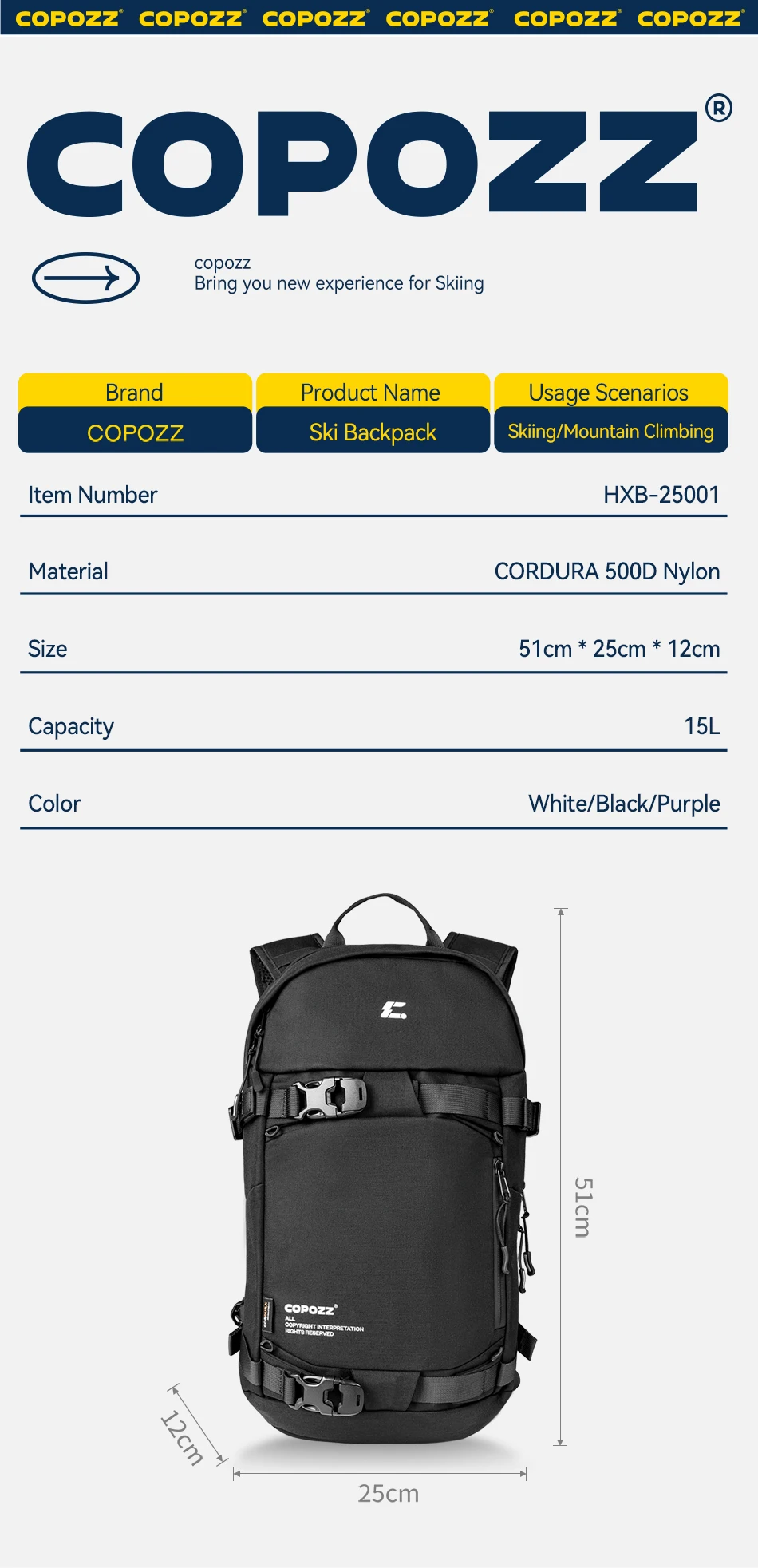 COPOZZ Skitasche, wasserdicht, leicht, verschleißfest, für Reisen, großes Fassungsvermögen, Outdoor-Sportzubehör, Snowboard-Aufbewahrungsrucksack – Detail 1