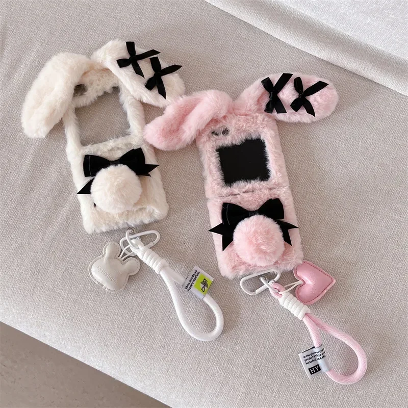 

Plush Rabbit White Pink Phone Case for Samsung Galaxy Z Flip 6 5 4 3 Protective Back Cover for ZFlip4 ZFlip5 ZFlip6 Case