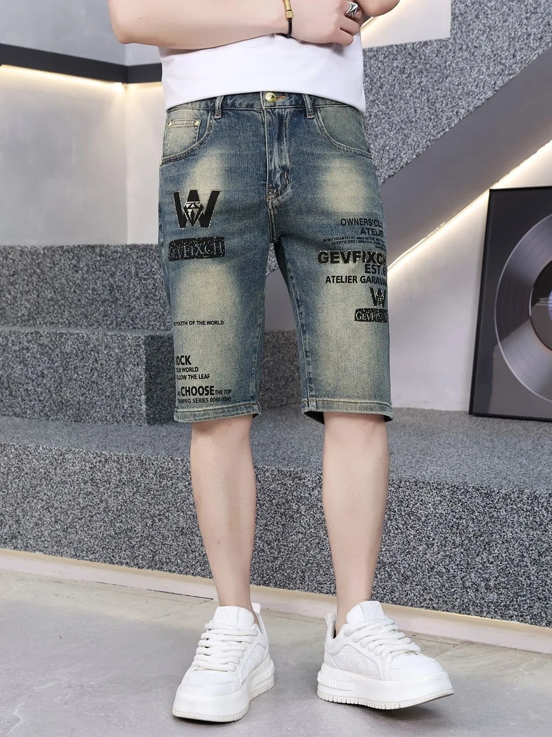 Summer Thin High-End Men's Denim Shorts Heavy-Washed Trendy Brand Letter Print Casual Straight Five-Point Pants