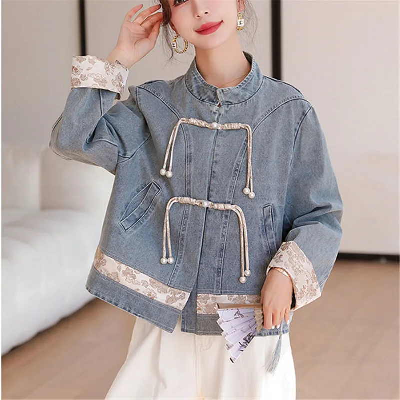 

Contrast Color Patchwork Blue Short Denim Jacket Casual Stand-up Collar Long Sleeve Single-breasted Jeans Jacket Coat Streetwear