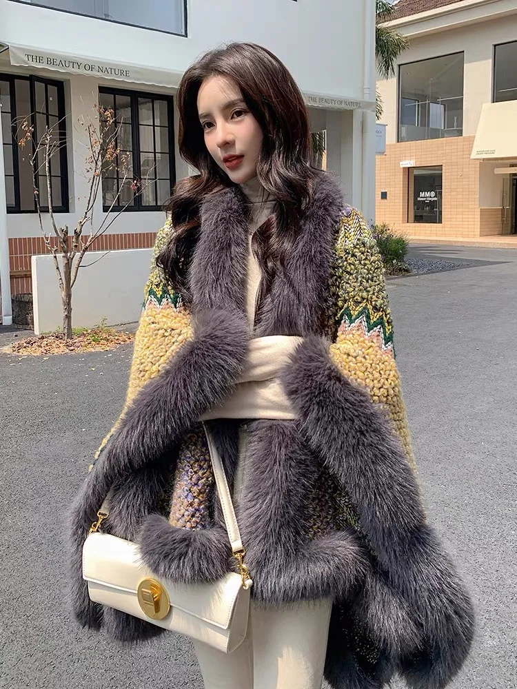 2024 Winter Faux Cashmere Poncho Loose-fitting Streetwear Women Long Sleeve Shawl Capes with Fur Female Knitted Scarf T222