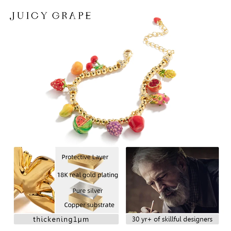 Juicy Grape Enamel Fruit Bracelet Strawberry/ Pineapple /Watermelon/Apple/Grape/ Orange Bracelet Plated with18K Real Gold Gifts