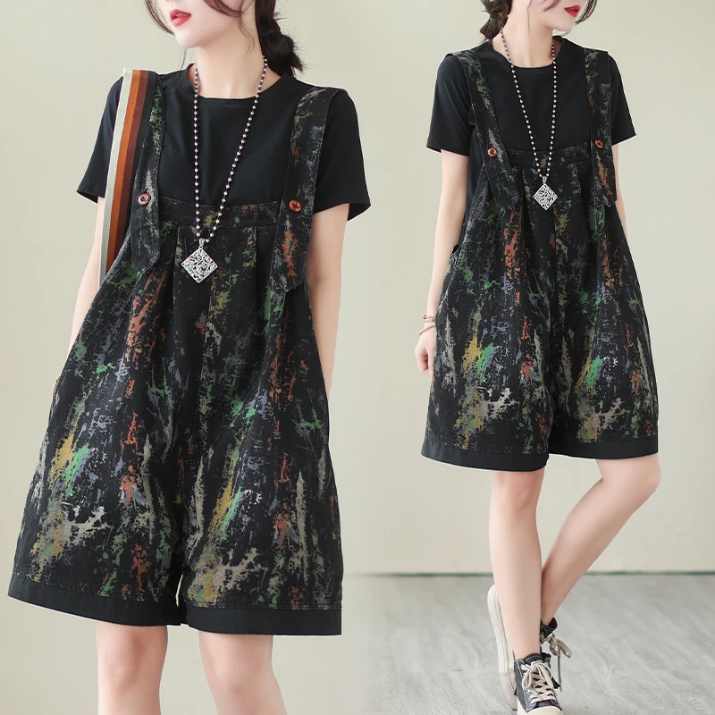 Fashionable Youthful Floral Print Denim Overalls Women's Summer plus Size Loose Wide Leg Five-Quarter Pants Short Shorts